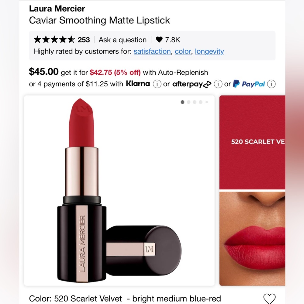 Laura Mercier Caviar Smoothing Matte Red Lipstick - 520 Scarlet Velvet